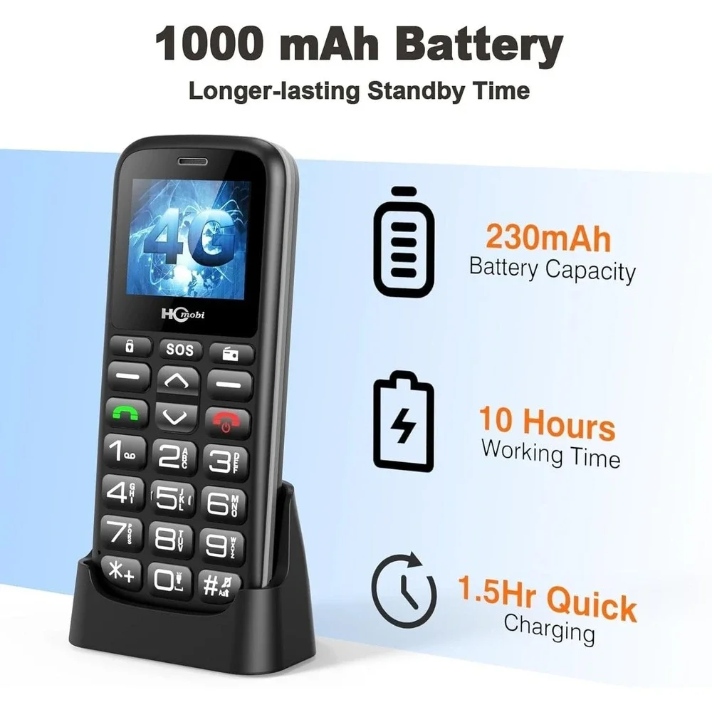 4G LTE Cell Phone Senior Big‎ Buttons S.O.S. Button 1000mAh Battery Dual-SIM FM